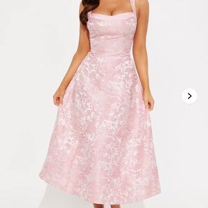 Fashion Nova Pink Floral Jacquard Midi Dress with Square Neck